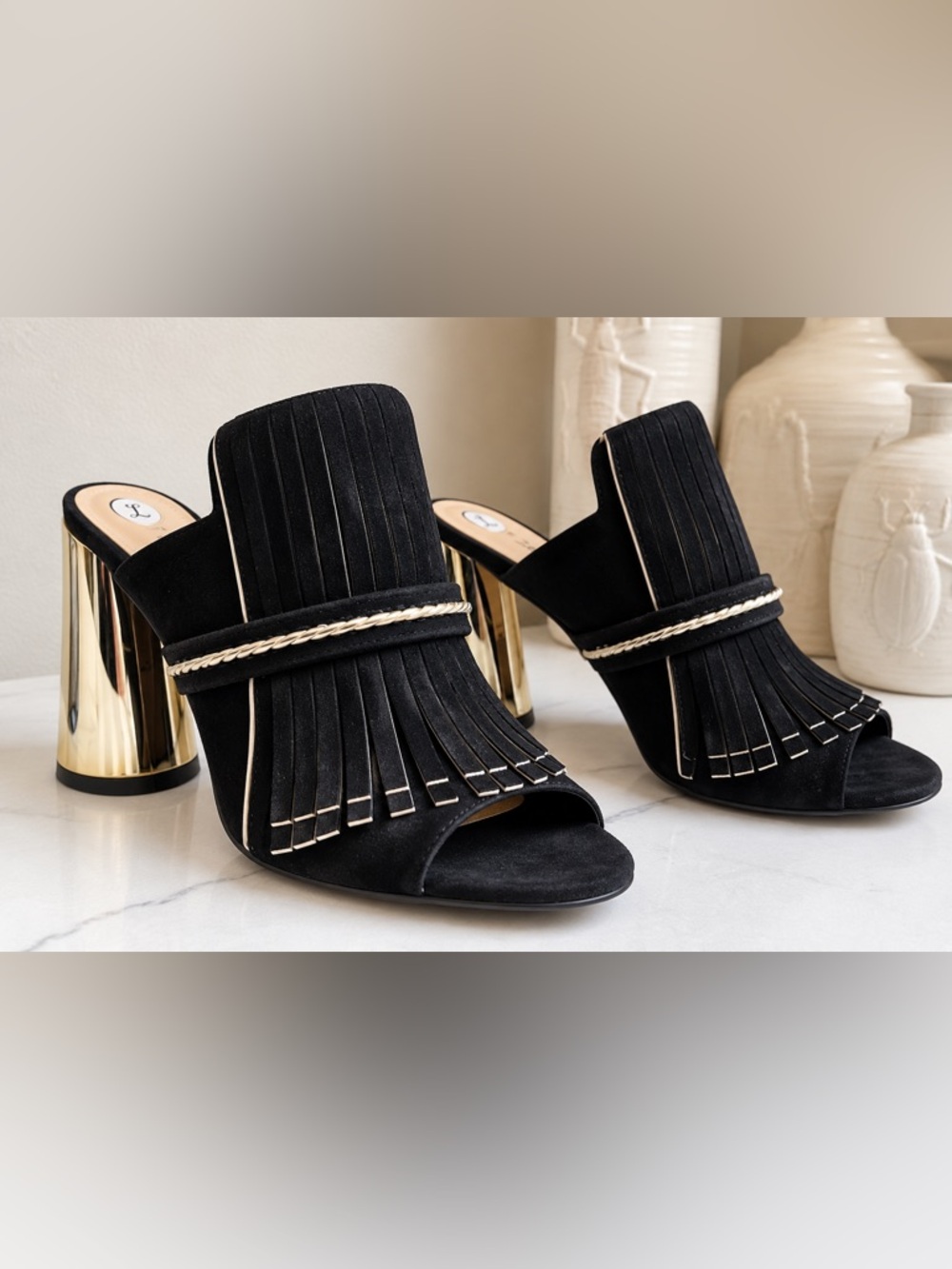 EUC Gianni Bini Paisleigh Black and Gold Fringe Women's Heeled Mules Size 7